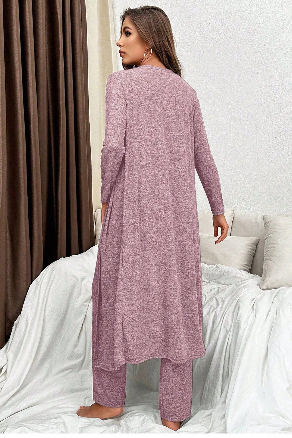 Dark Grey 3pcs V Neck T Shirt Ribbon Knot Pants Open Duster 3pcs Lounge Set d189104cb556185c