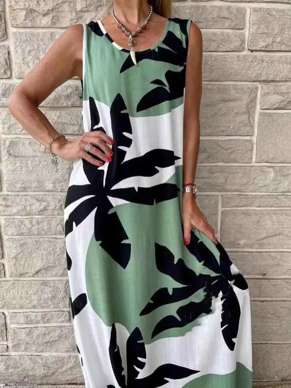 Printed Round Neck Mini Tank Dress Sage d1900098-5df2-496f-bfbb-3935f08a7efd-Max