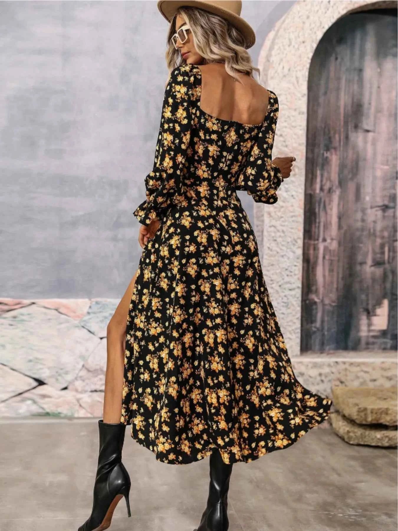 Floral Print Square Neck Flounce Sleeve Dress with Side Slit d191382cbf14464fb7a215db08882b2a-Max-Origin