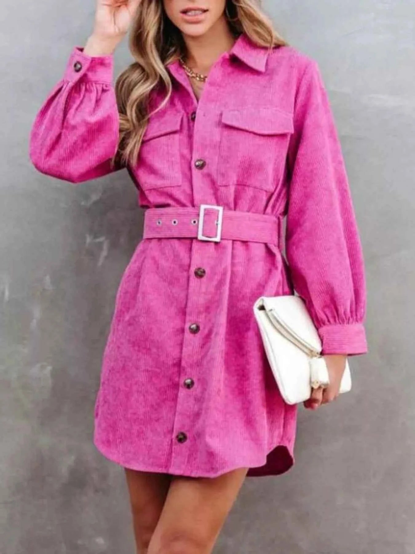 Button Front Belt Long Sleeve Corduroy Dress Rose Red d19164c8-f9e8-463f-b149-b2f0e3c713bd-Max-Origin