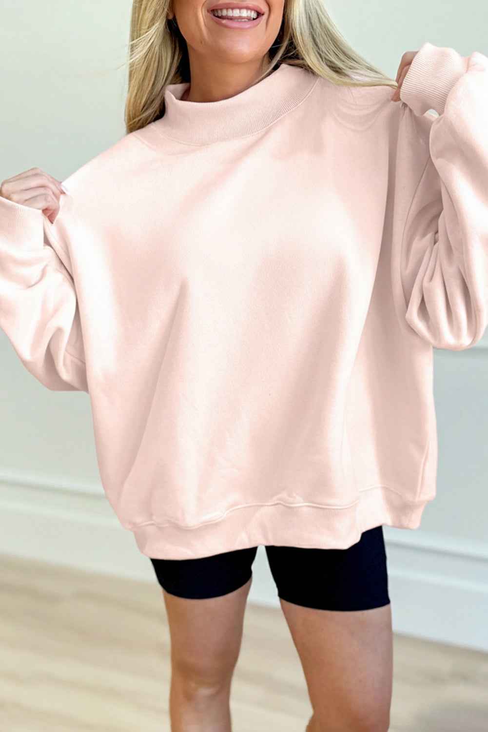 Sea Green Oversize Blessed Embroidered Mock Neck Sweatshirt Apricot Pink 50%Polyester+50%Cotton d19228c603a4bf05