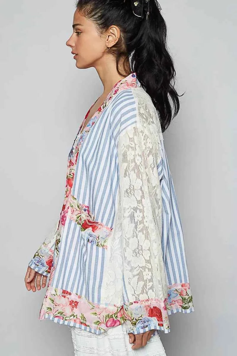 POL Lace Long Sleeve Striped Cardigan with Floral Patchwork Detail d1951688-f528-47b5-8fea-d2f5d3390b4c-Max-Origin