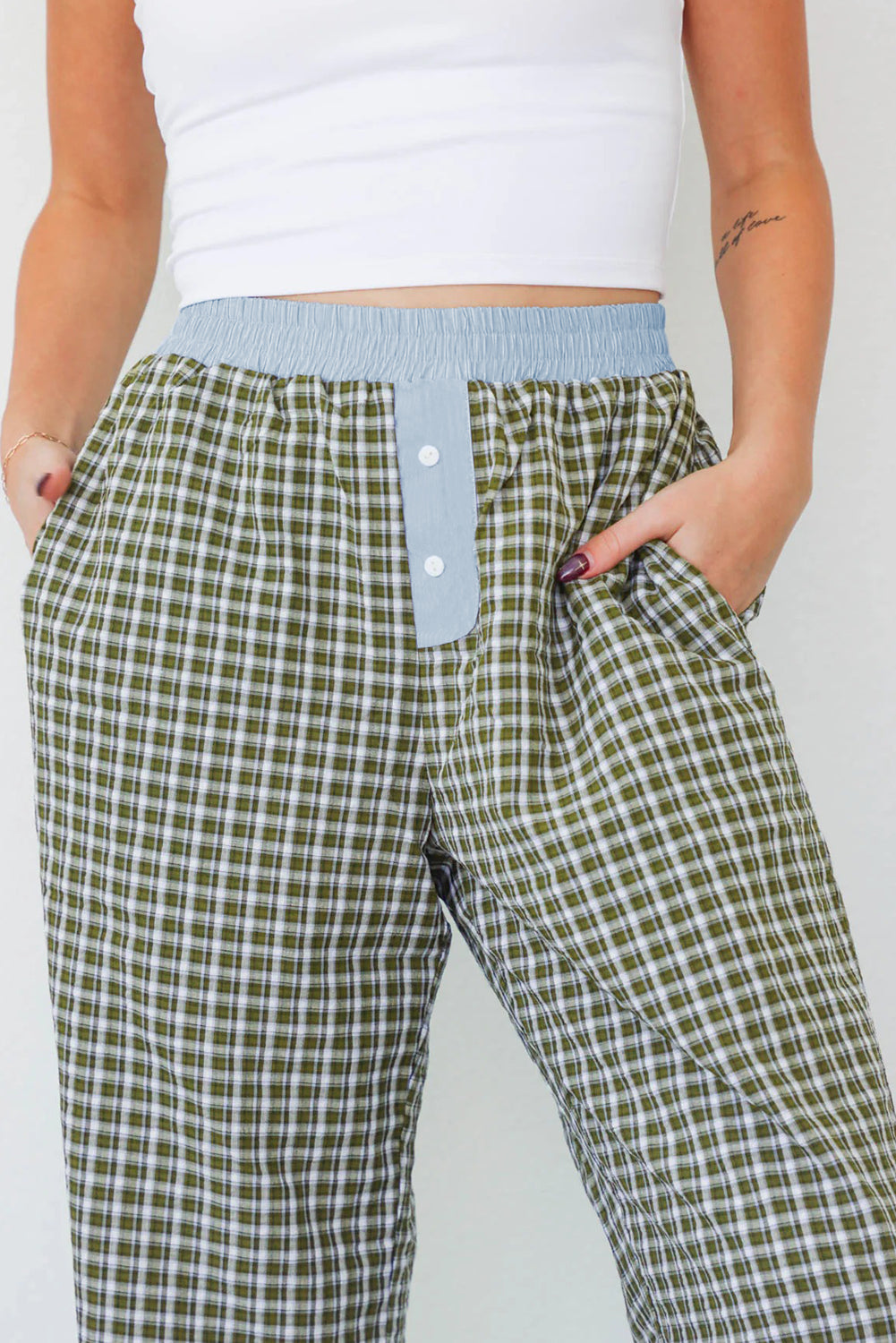 Brown Plaid Button High Waist Patchwork Pants d195b40ebca61a39