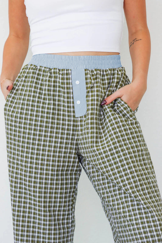 Brown Plaid Button High Waist Patchwork Pants d195b40ebca61a39