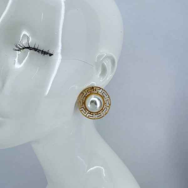 Round Greek Symbol half Pearl Post Back Earrings d19c3924-f321-4613-8251-aa2f9c4d5022