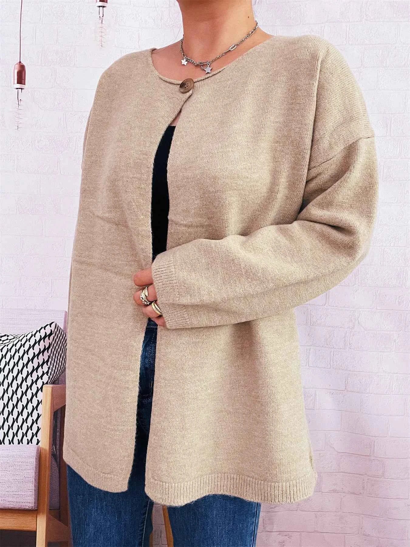 One Button Front Drop Shoulder Cardigan d19dfead6fe9485895f4c2077b19935e-Max-Origin