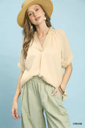 Umgee V-Neck Short Sleeve Blouse CREAM d1a2caf1-ba3f-46c6-857f-765d2b7bb693-Max-Origin