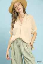 Umgee V-Neck Short Sleeve Blouse CREAM d1a2caf1-ba3f-46c6-857f-765d2b7bb693-Max-Origin