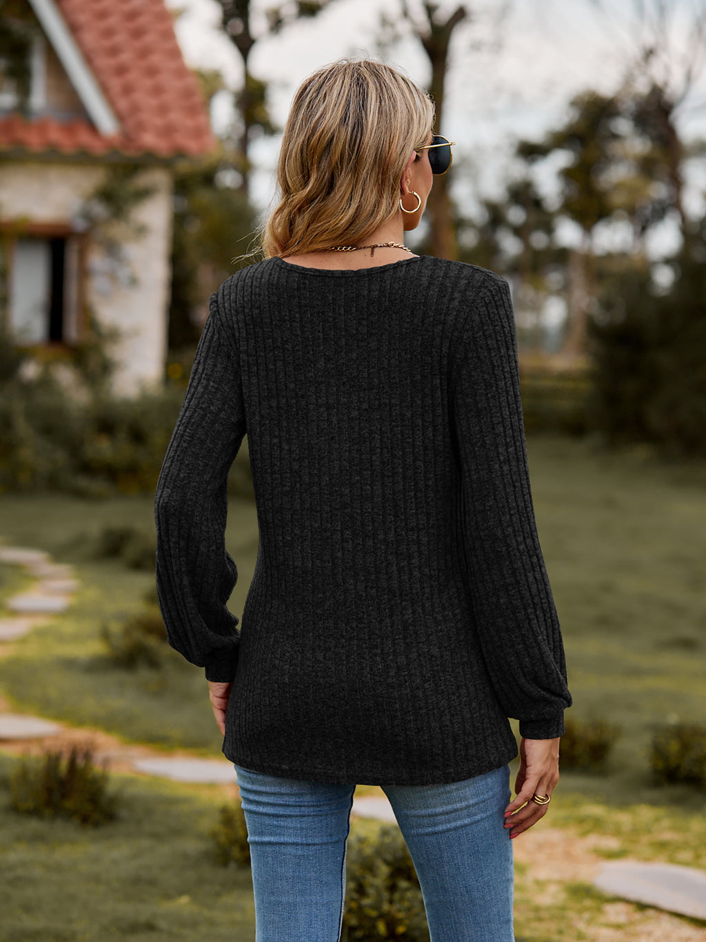 Round Neck Button-Down Long Sleeve Tee d1a6468179a54bbf8c7249d48dab5cd6-Max