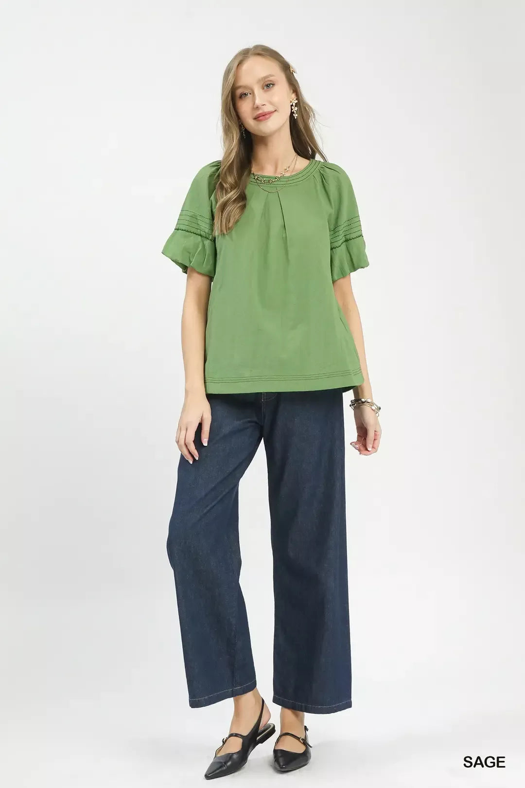 Umgee Round Neck Puff Sleeve Top with Contrast Stitch Detail d1a70281-89ad-44b0-9f62-31c183a5f1ec-Max-Origin