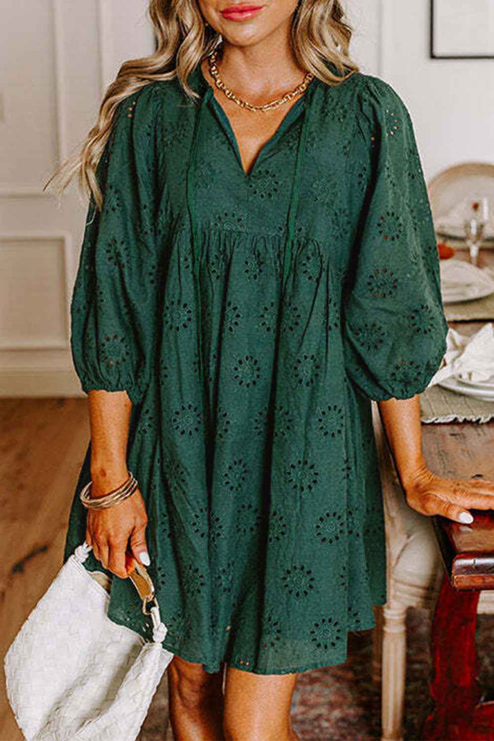 Blackish Green Embroidered Eyelet Pattern Puff Sleeve Mini Dress Blackish Green 100%Cotton d1a77970c9689afc
