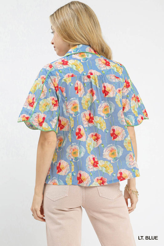 Floral Print Button-Down Blouse with Flutter Sleeves d1b20222-9769-4a24-9e6b-59553c8e85d5-Max