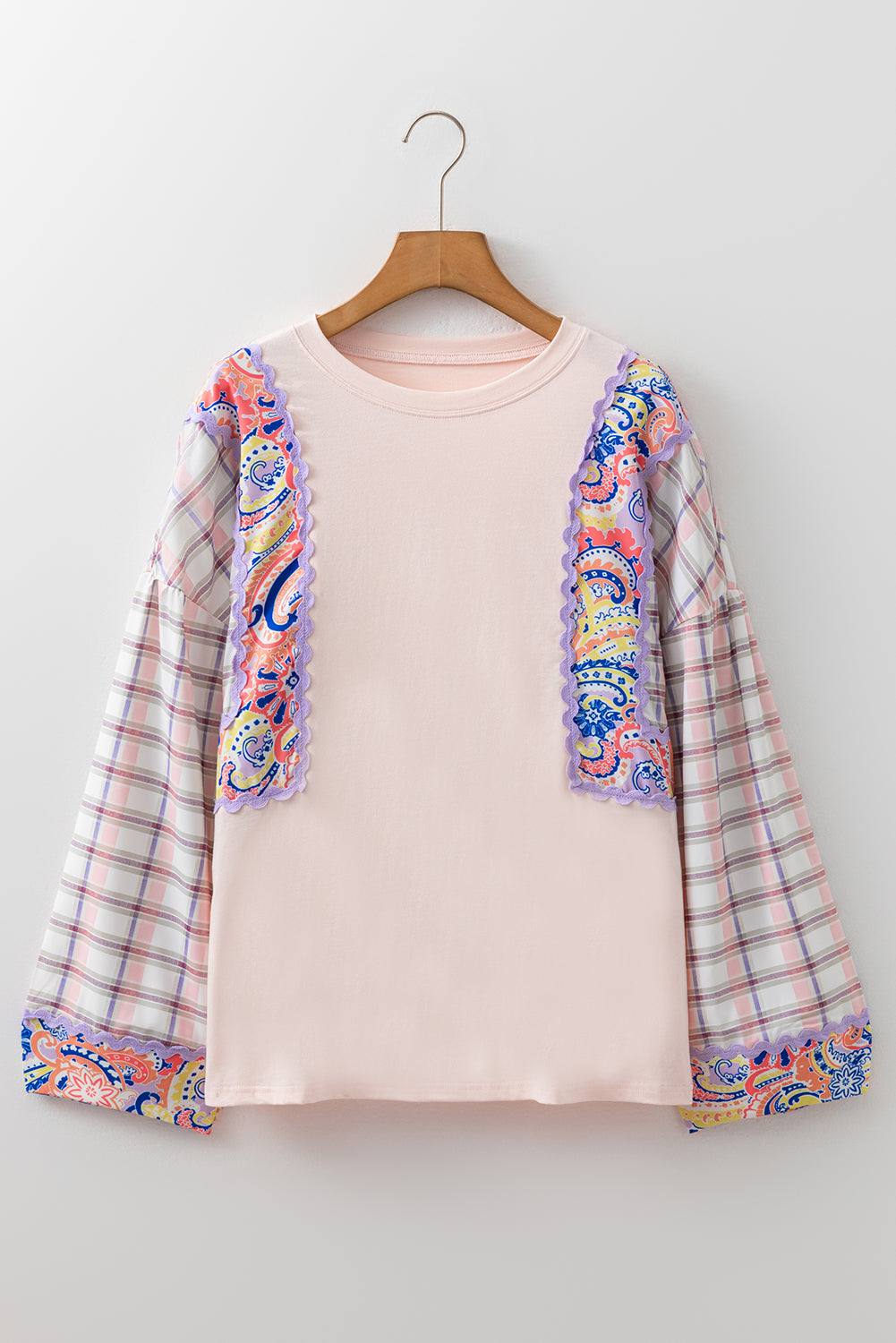 Delicacy Ricrac Trim Floral Plaid Patchwork Puff Sleeve Top d1b2ad0804c8d6f2