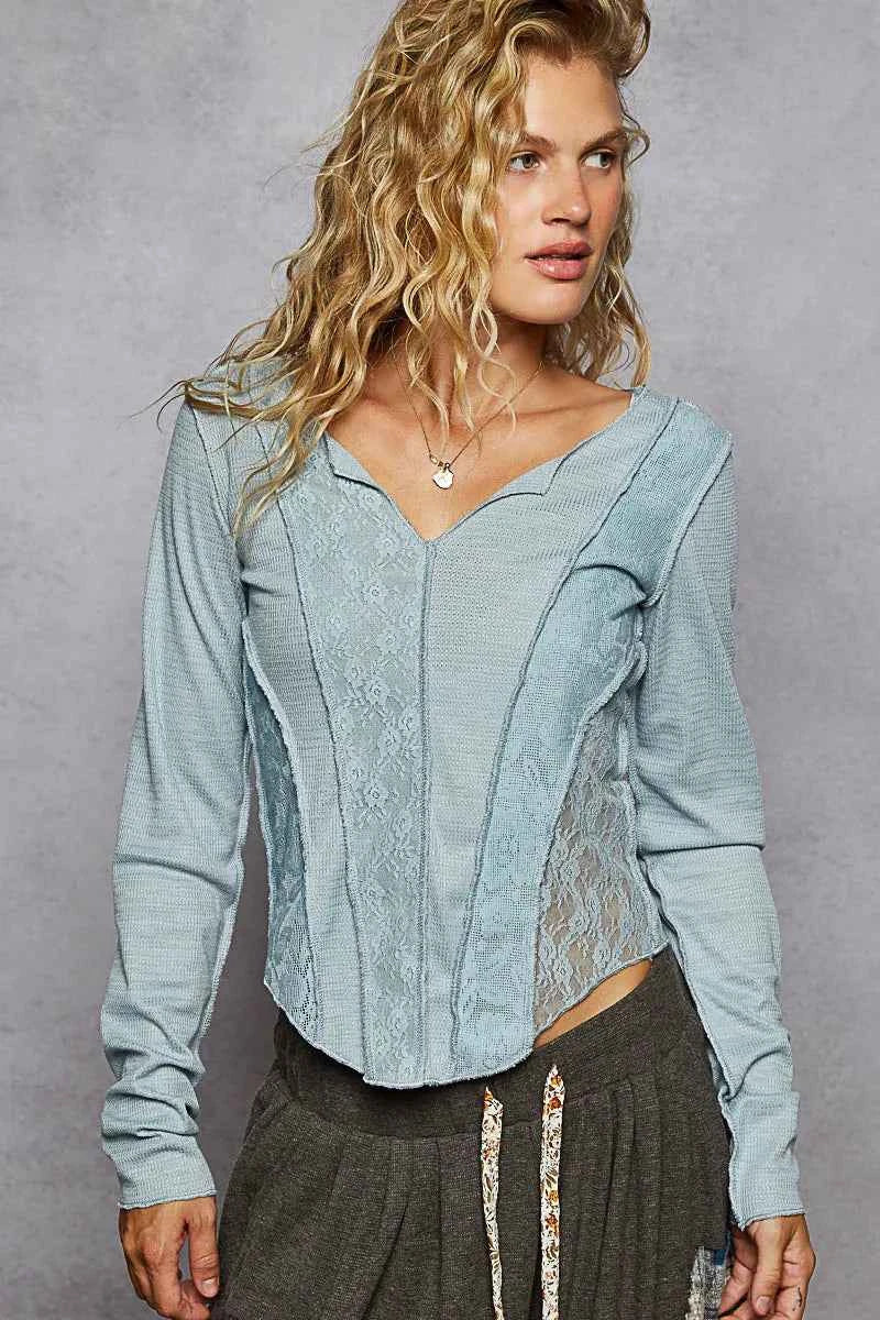 POL Lace Patchwork Long Sleeve T-Shirt Air Force Blue d1b826ce-c9e8-4a3e-8c5a-8ec74ac4b0d5-Max-Origin