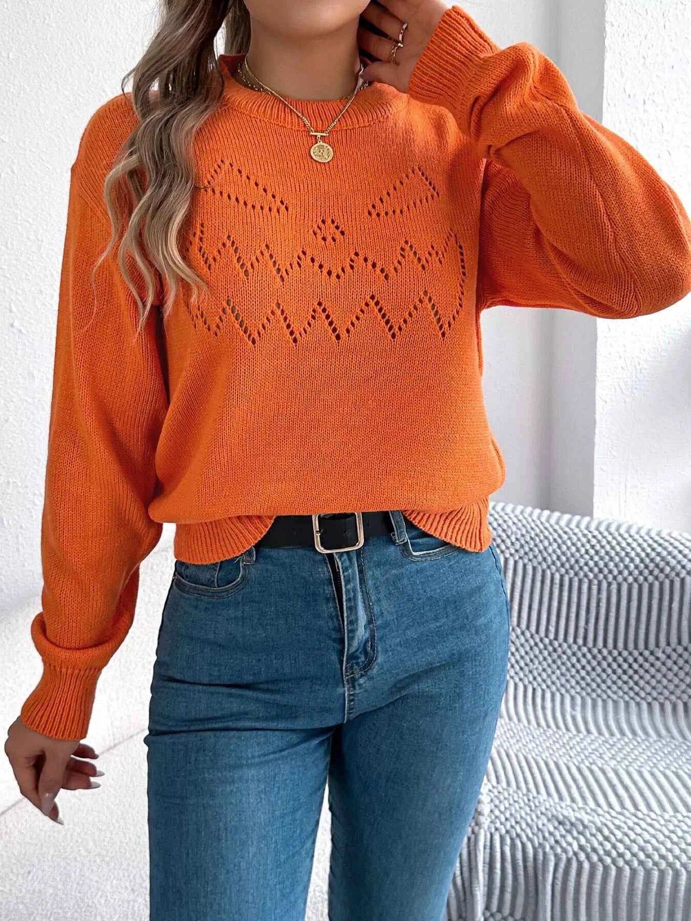 Openwork Round Neck Long Sleeve Sweater d1bba8dd3f984bdfa8b7a73a2766f72a-Max-Origin