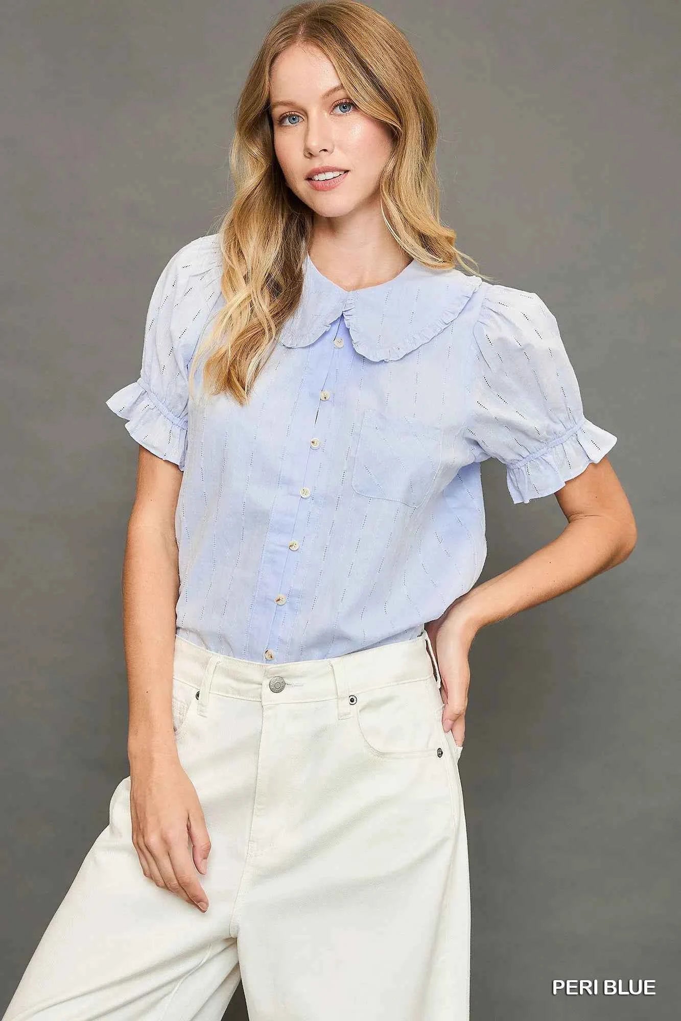 Umgee Peter Pan Collared Button Down Textured Shirt with Ruffled Detail PERI BLUE d1bfacf1-c8fb-4f9d-966d-71720f3aa7fe-Max-Origin