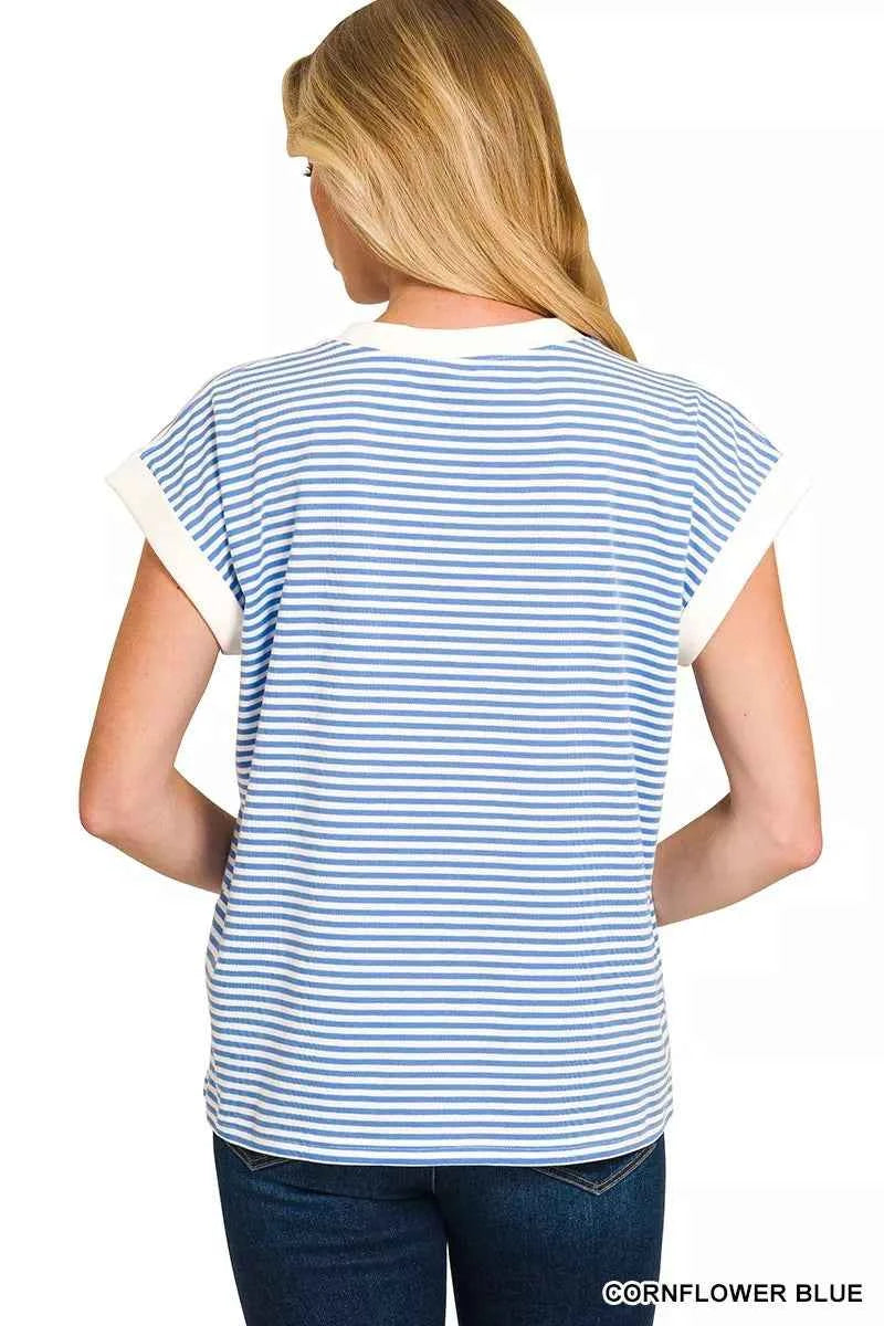 Zenana Striped Round Neck Short Sleeve Contrast Trim T-Shirt d1c04b87b83443f0ad84027ea26d7f93-Max-Origin
