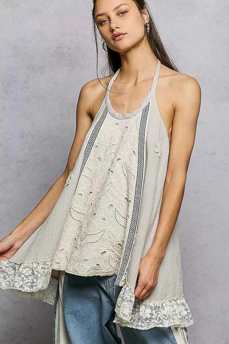 POL Lace Ruffle Halter Neck Double Gauze Top with Crochet Patch LIGHT TAUPE d1c1ffe0-125e-40a0-abd8-041b6d34776c-Max-Origin