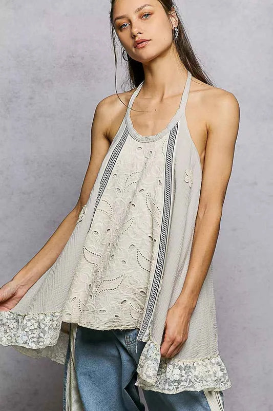 POL Lace Ruffle Halter Neck Double Gauze Top with Crochet Patch LIGHT TAUPE d1c1ffe0-125e-40a0-abd8-041b6d34776c-Max-Origin