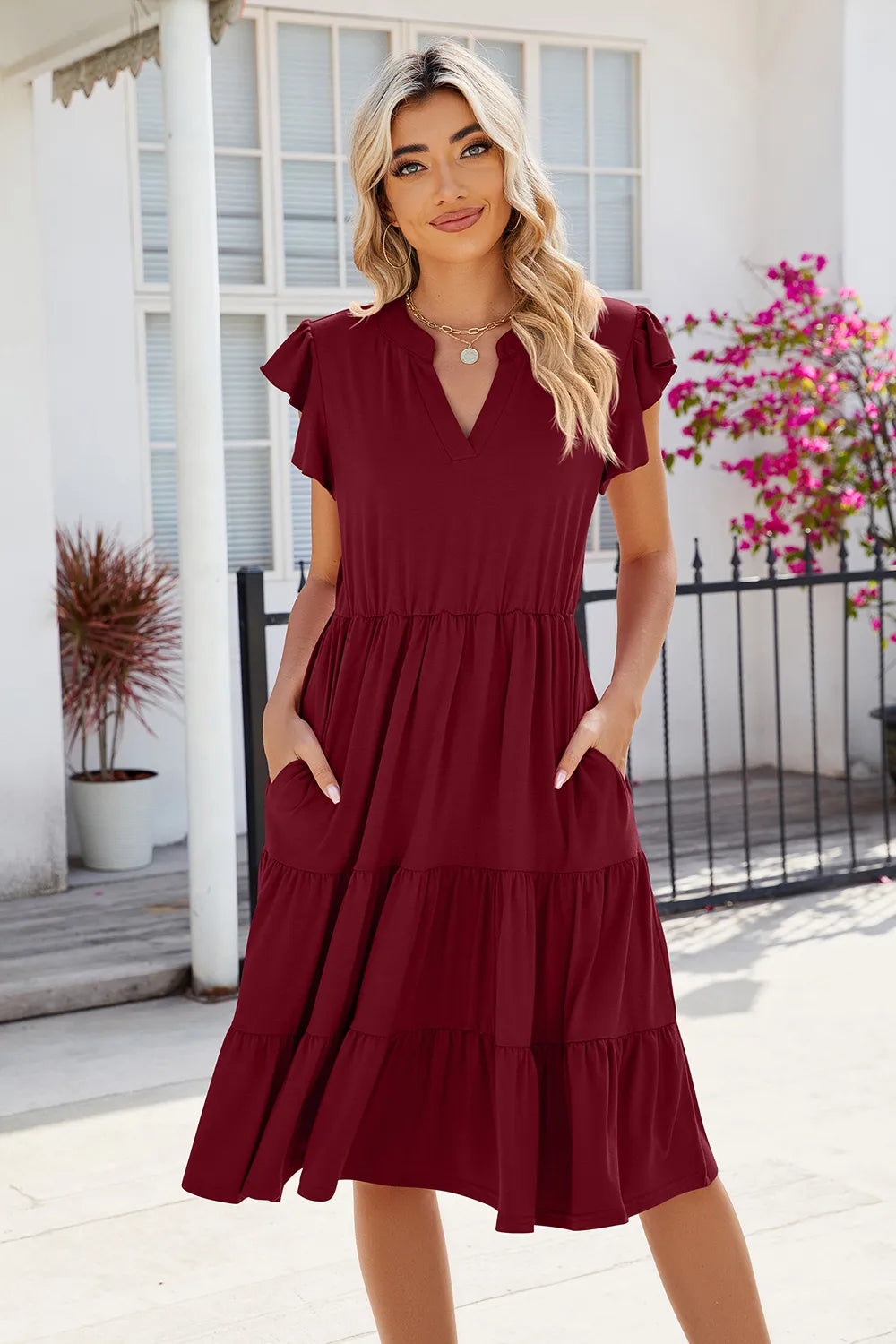 Ruched Notched Cap Sleeve Dress d1c45c65-8e4e-44e1-a5c6-f343e839d5af-Max