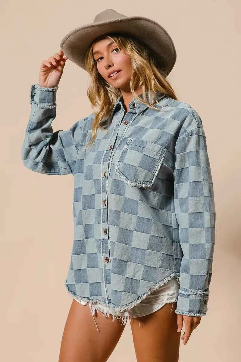 BiBi Frayed Edged Detail Washed Checker Denim Shirt d1cd4c1b50154af5a3a1913e2ec37a9d-Max-Origin