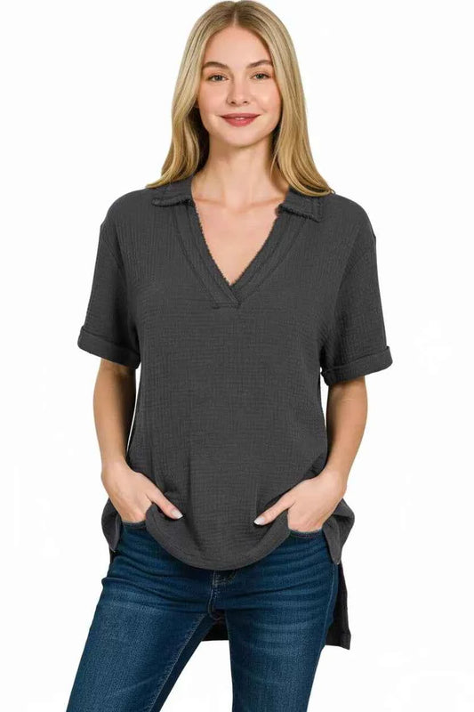 Zenana Double Gauze Short Sleeve High-Low Top BLACK d1cda4b1-8564-4db9-83c3-e6b5baf6d115-Max-Origin