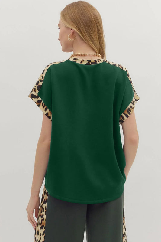 Sea Green Leopard Trim Round Neck Loose T Shirt d1d0e0886a6a6da4