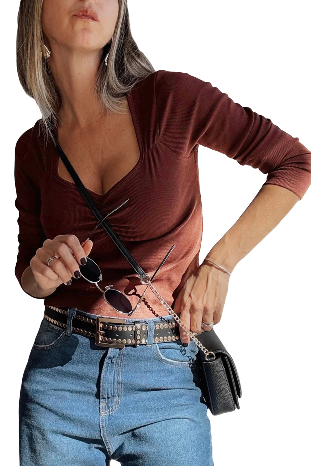 Burgundy Ruched Sweetheart Neck Ribbed Long Sleeve Top d1dca30cb04b7d1b