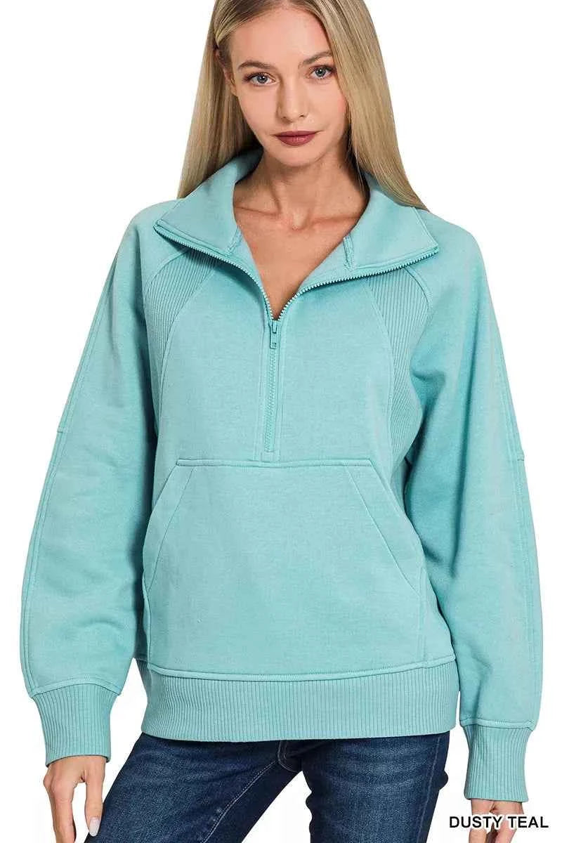Zenana Half Zip Fleece Sweatshirt with kangaroo Pocket d1e5708c7c914b69906da2b07b3621d9-Max-Origin