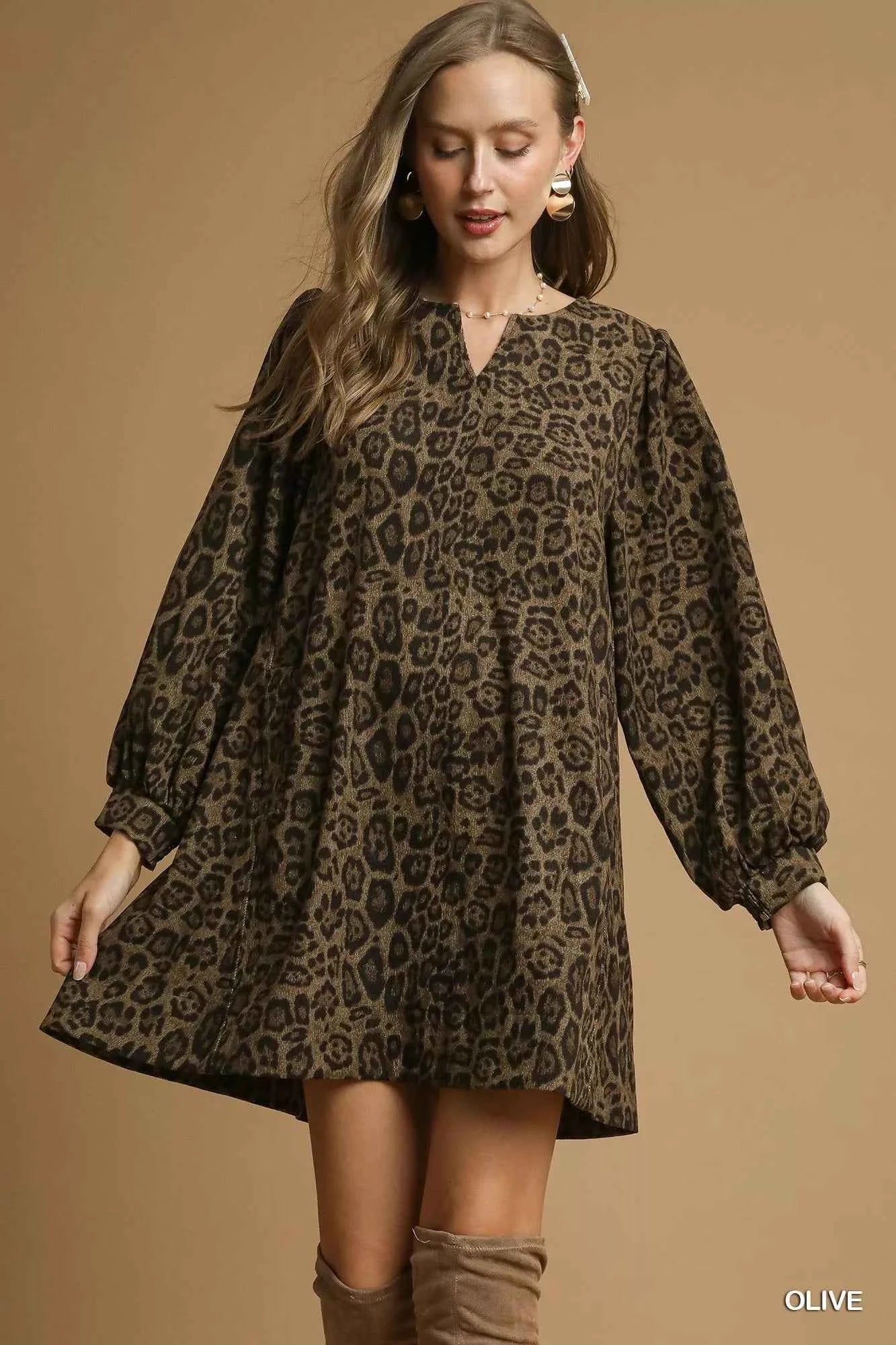 Umgee Leopard Print Long Sleeve Swing Dress Olive d1e9926e-9c16-44c1-92f6-2173e7146c30-Max-Origin