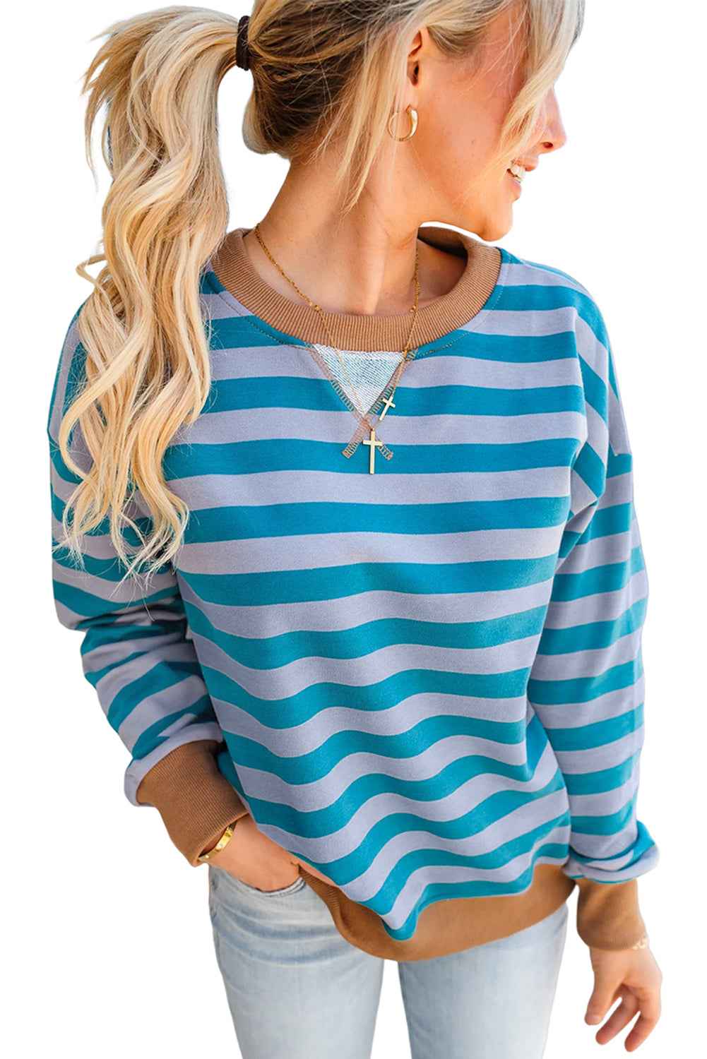 Sky Blue Stripe Contrast Color Ribbed Trim Round Neck Drop Shoulder Sweatshirt d1eae7cc7c3131d2