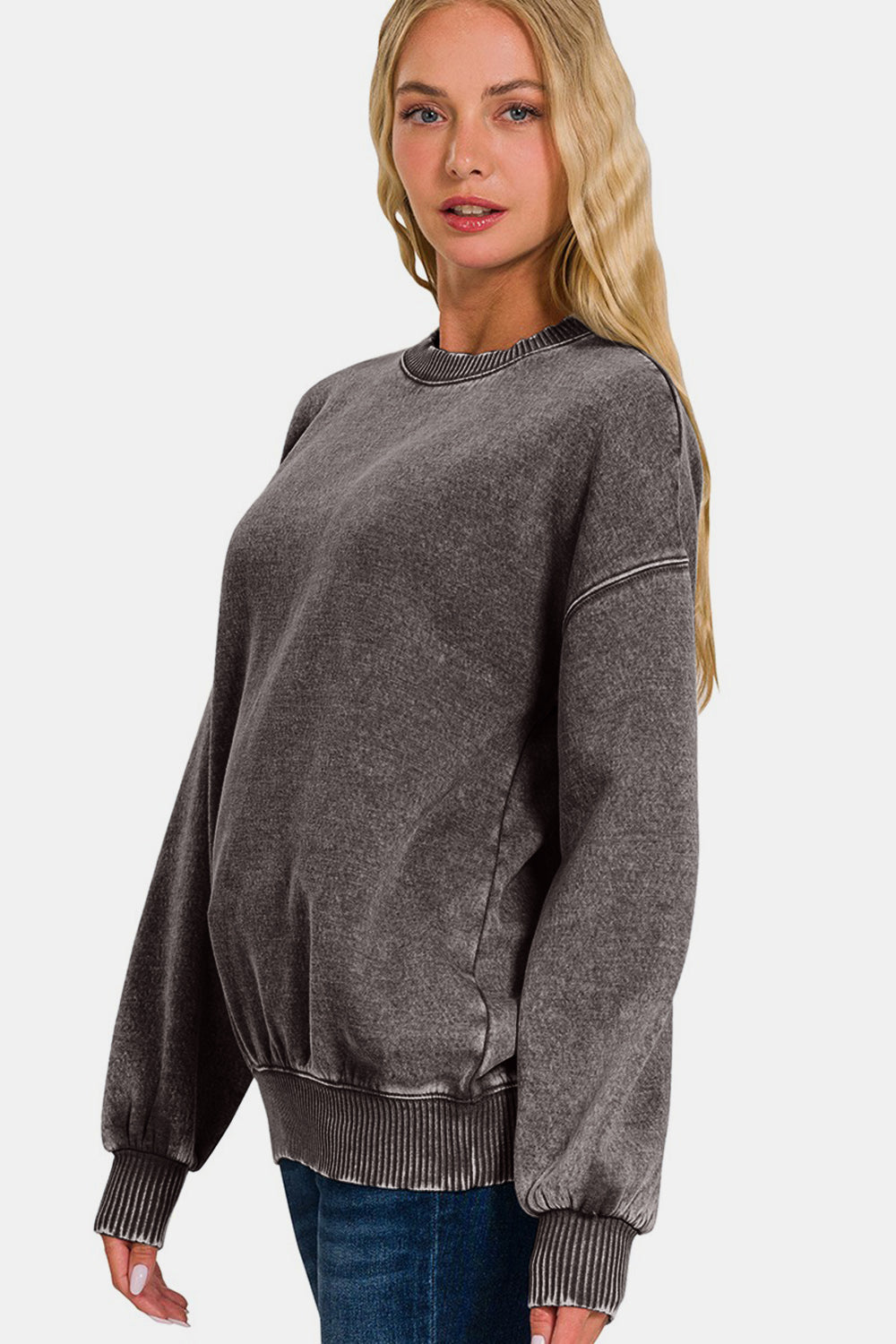 Zenana Full Size Acid Wash Fleece Long Sleeve Sweatshirt