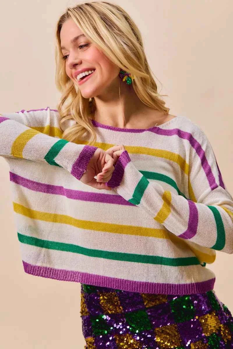 SO ME Mardi Gras Color Stripe Lightweight Sweater Top d1eb3bce46dc40d8a851e7e5046b8f4e-Max-Origin