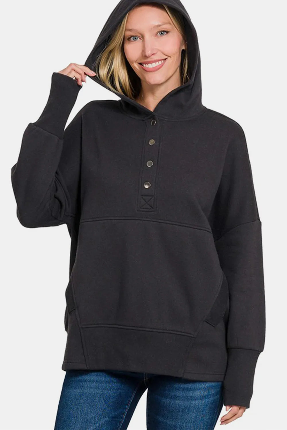 Zenana Half Snap Long Sleeve Hoodie with Kangaroo Pocket Black d1eca764-b28b-4e5e-9d1b-dde21a5e09c1-Max