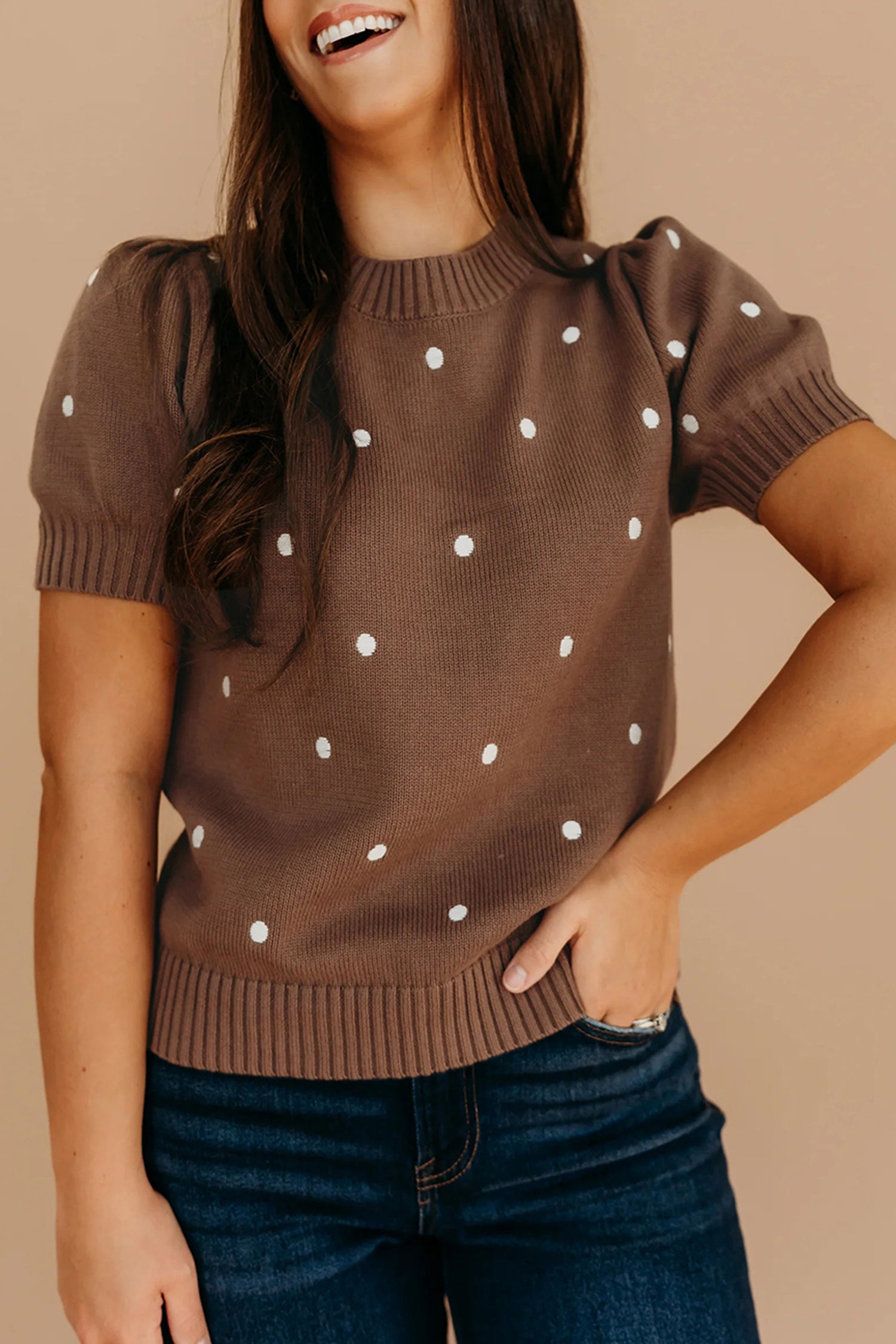 White Elegant Polka Dot Bubble Short Sleeve Sweater Chestnut 52%Viscose+26%Polyester+22%Polyamide d1ee0142356dc2b3