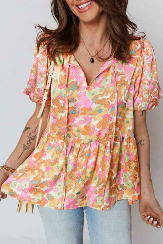 Flower Split V-Neck Short Sleeve Blouse d1ee3857-1176-4a86-ae83-b69c5e8db854