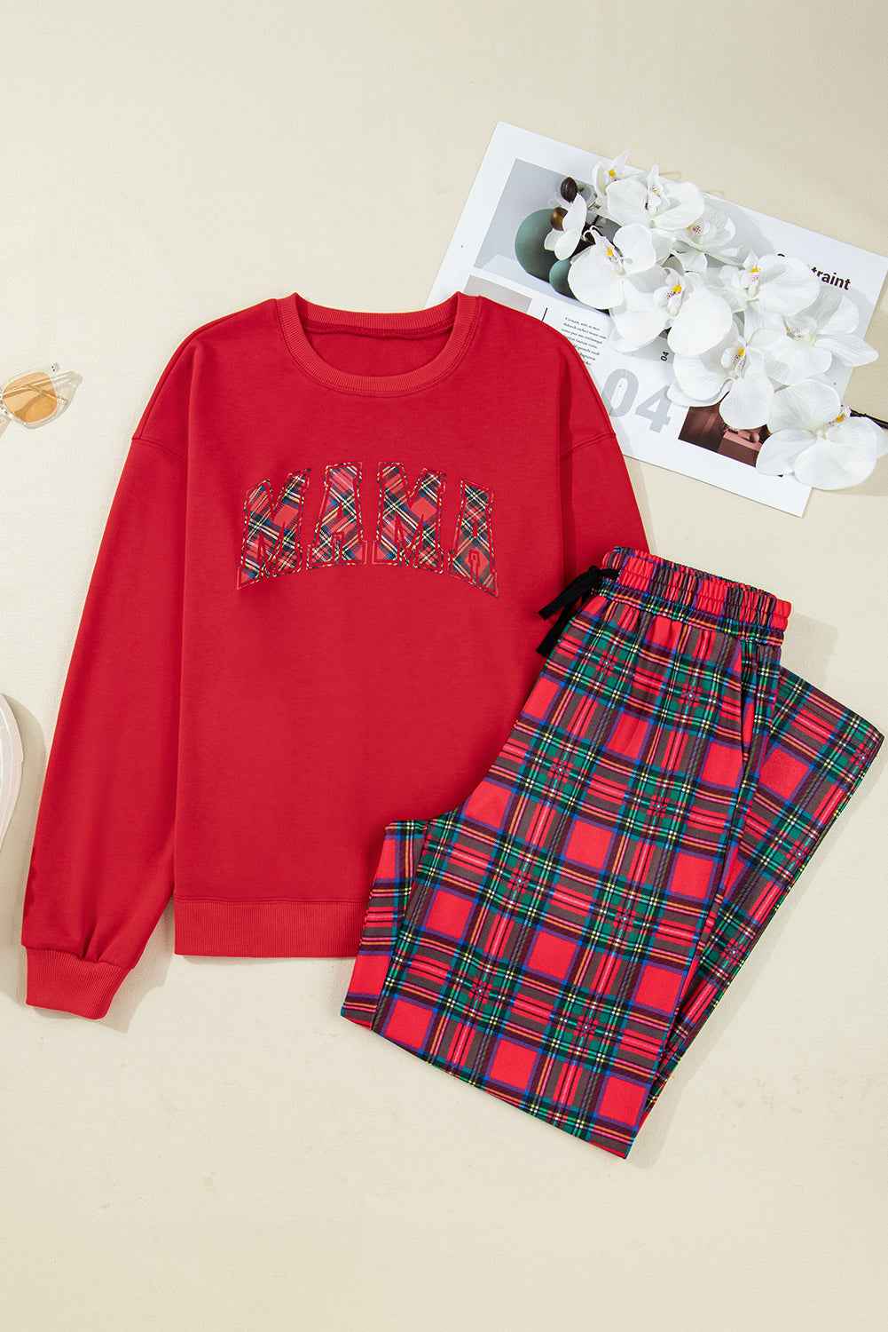 Red Plaid MAMA Graphic Christmas Holiday Crewneck Pullover and Pants Lounge Set d1f3e9c6c0ee6f60