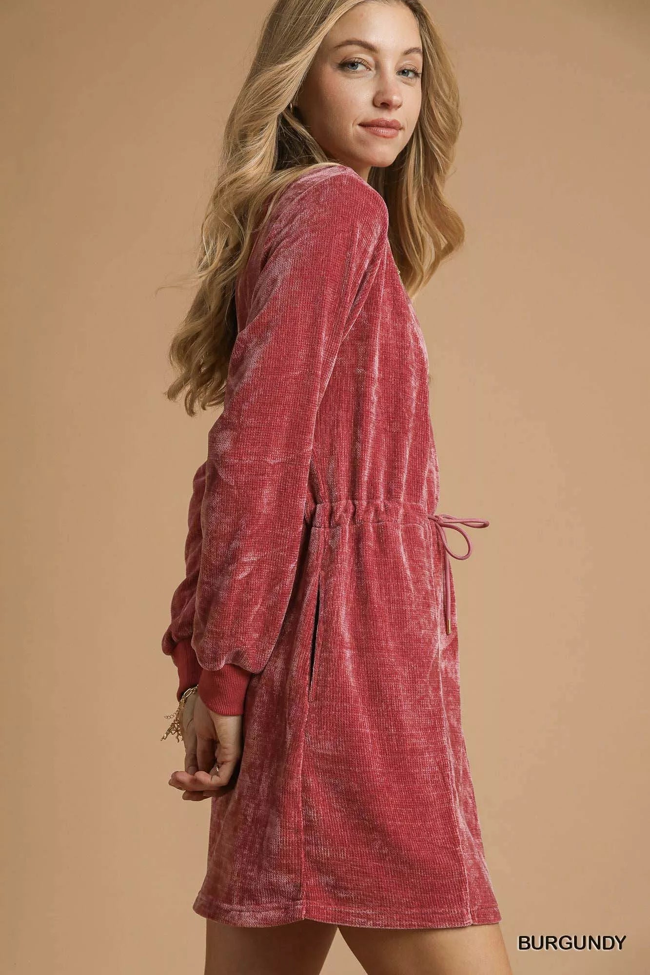 Velour Drawstring Mini Dress with Long Sleeves d1f93824-aba6-4ff5-b925-2519f9a9dc5a-Max-Origin