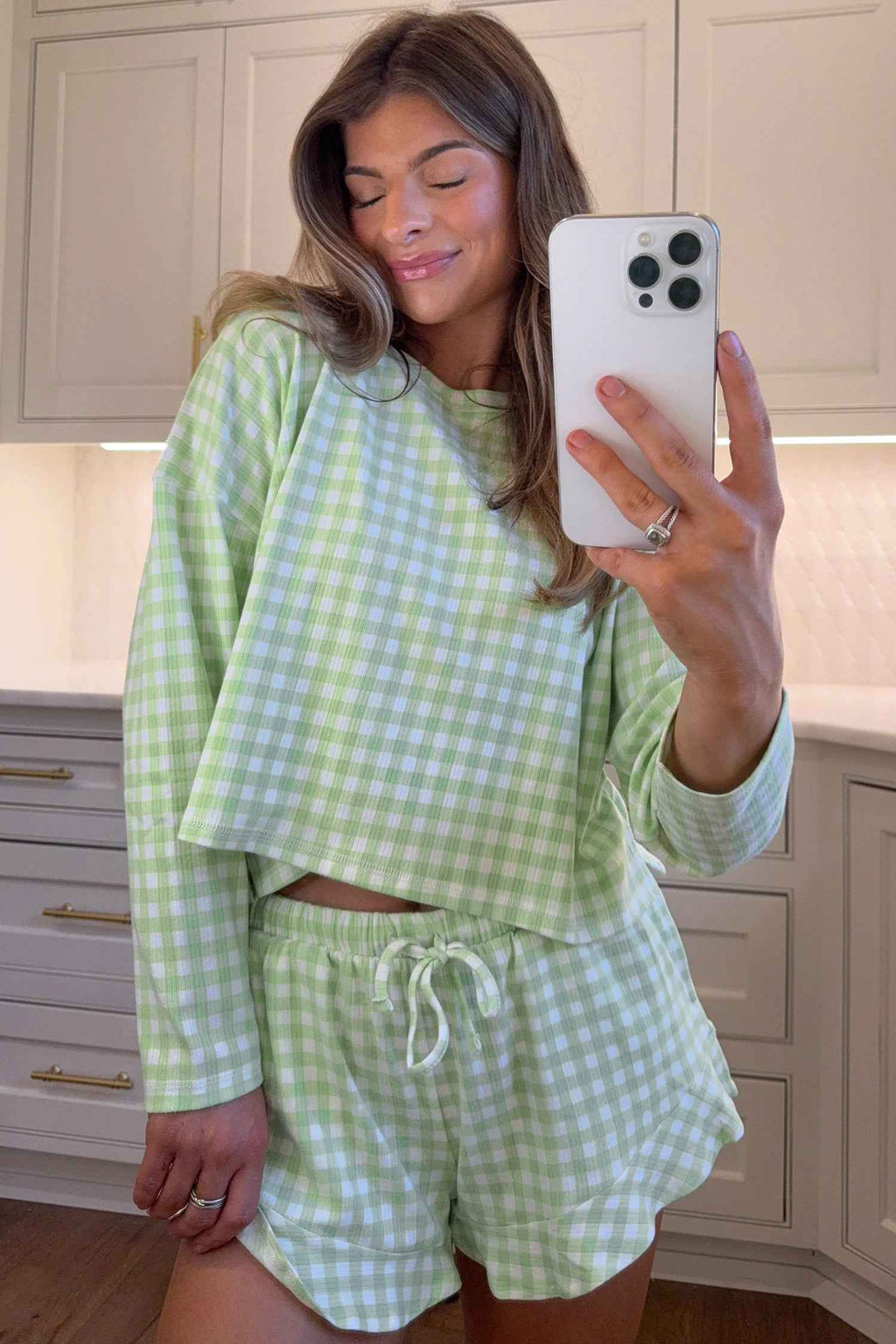Green Gingham Long Sleeve Loose Top Drawstring Shorts 2pcs Lounge Set d1f93d3aeed7dd59