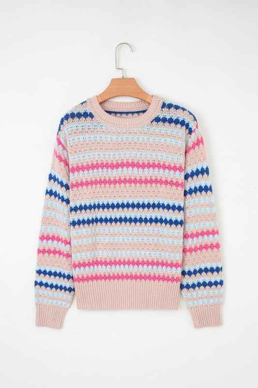 Stripe Eyelet Knit Drop Shoulder Sweater d20048d1-c9cd-4e03-821c-927b3eb908c0