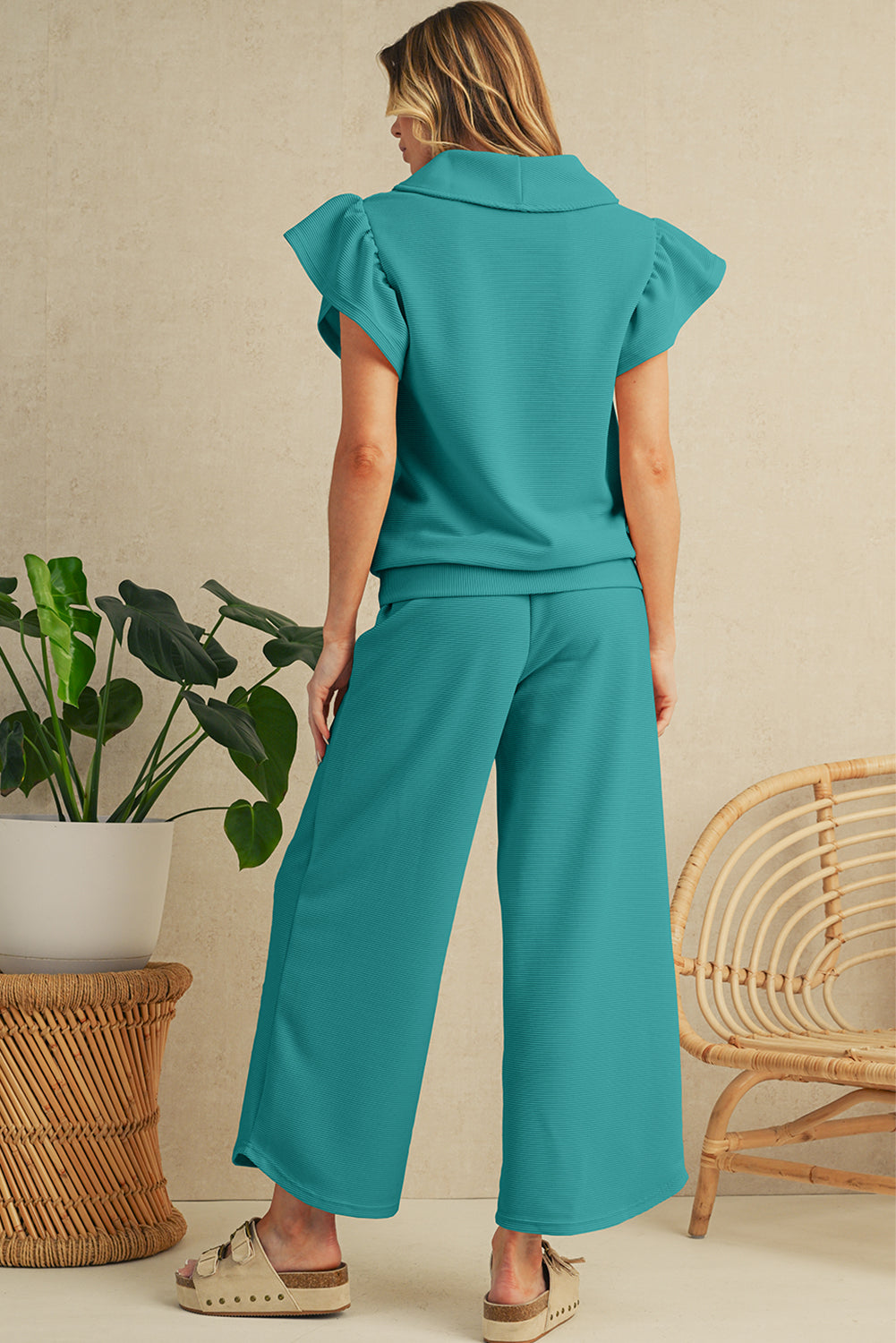 Black Textured Ruffle Sleeve Zipped Top and Wide Leg Pants Set