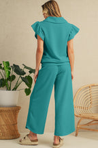 Black Textured Ruffle Sleeve Zipped Top and Wide Leg Pants Set