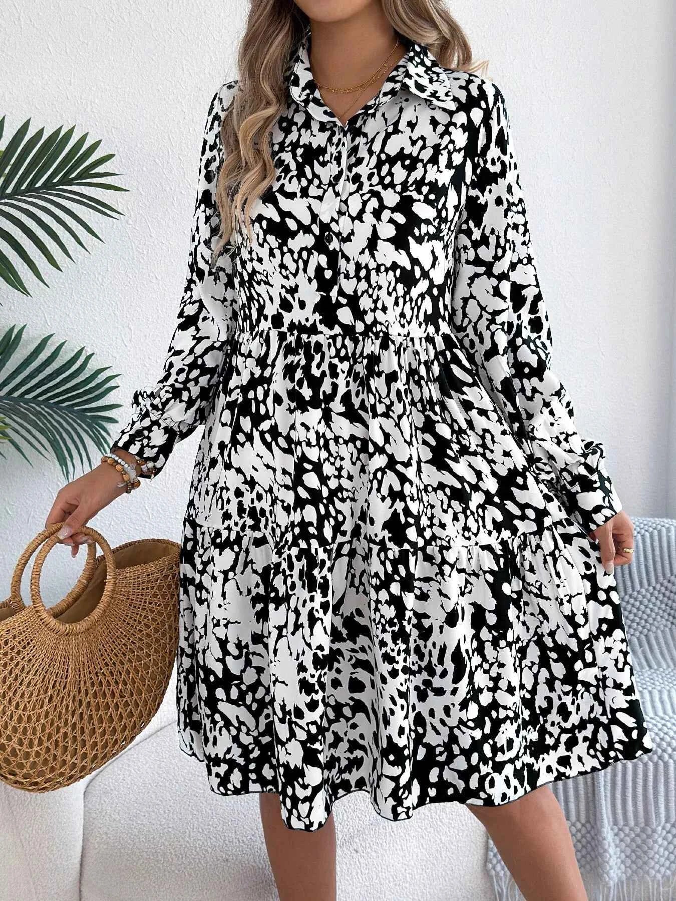 Printed Collared Neck Long Sleeve Dress White d2087e74a6ae443596a404e436be3789-Max-Origin
