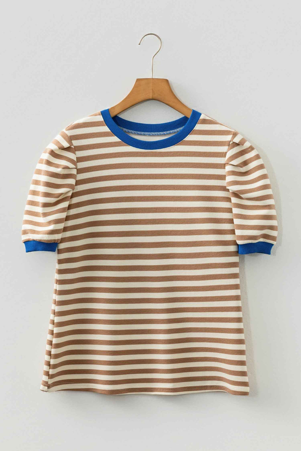 Brown Stripe Short Puff Sleeve Contrast Trim Round Neck Tee d208f8a0e80f4370