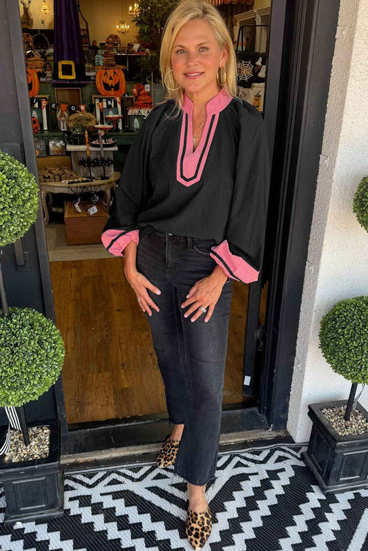 Black Colorblock Contrast V-neck Long Sleeve Blouse d20aedc536eeae55