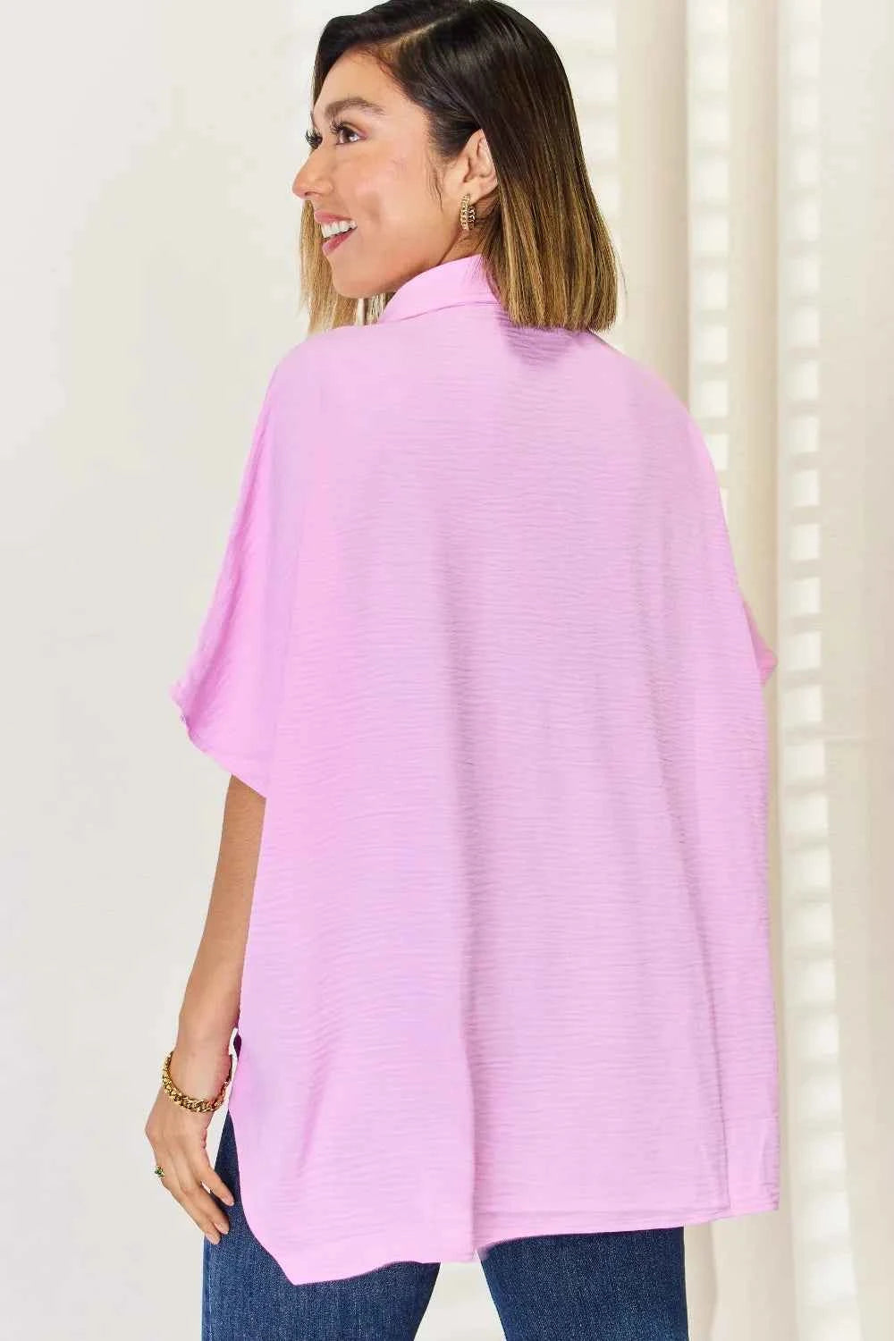 Zenana Texture Button Up Short Sleeve High-Low Shirt d210eabb-2f19-4bd8-ac68-15e931fe1091-Max