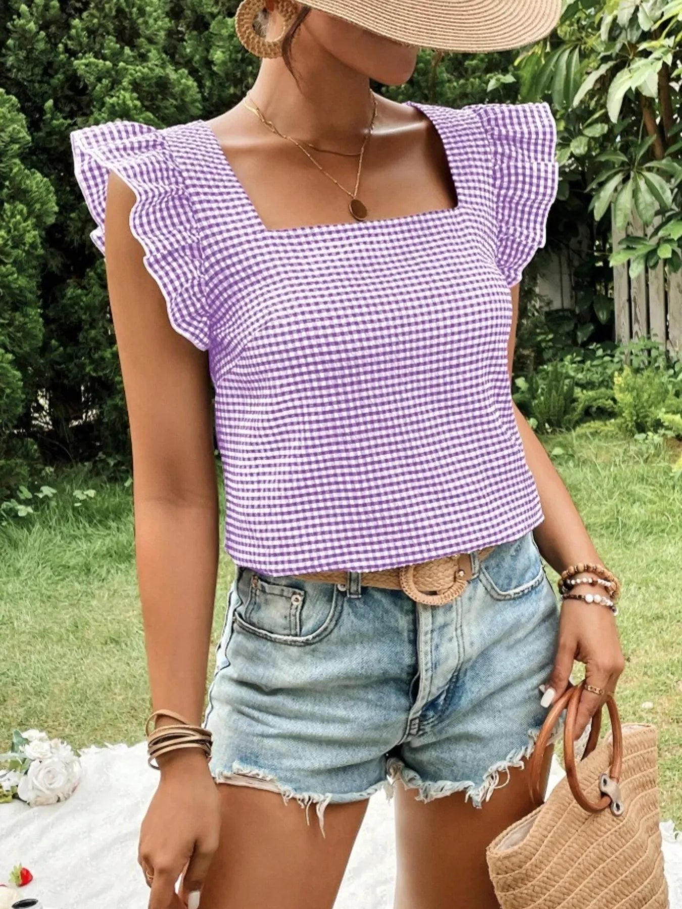 Gingham Ruffle Sleeve Square Neck Blouse d212b60f-485a-4179-b3d2-60760f6cb8aa-Max-Origin