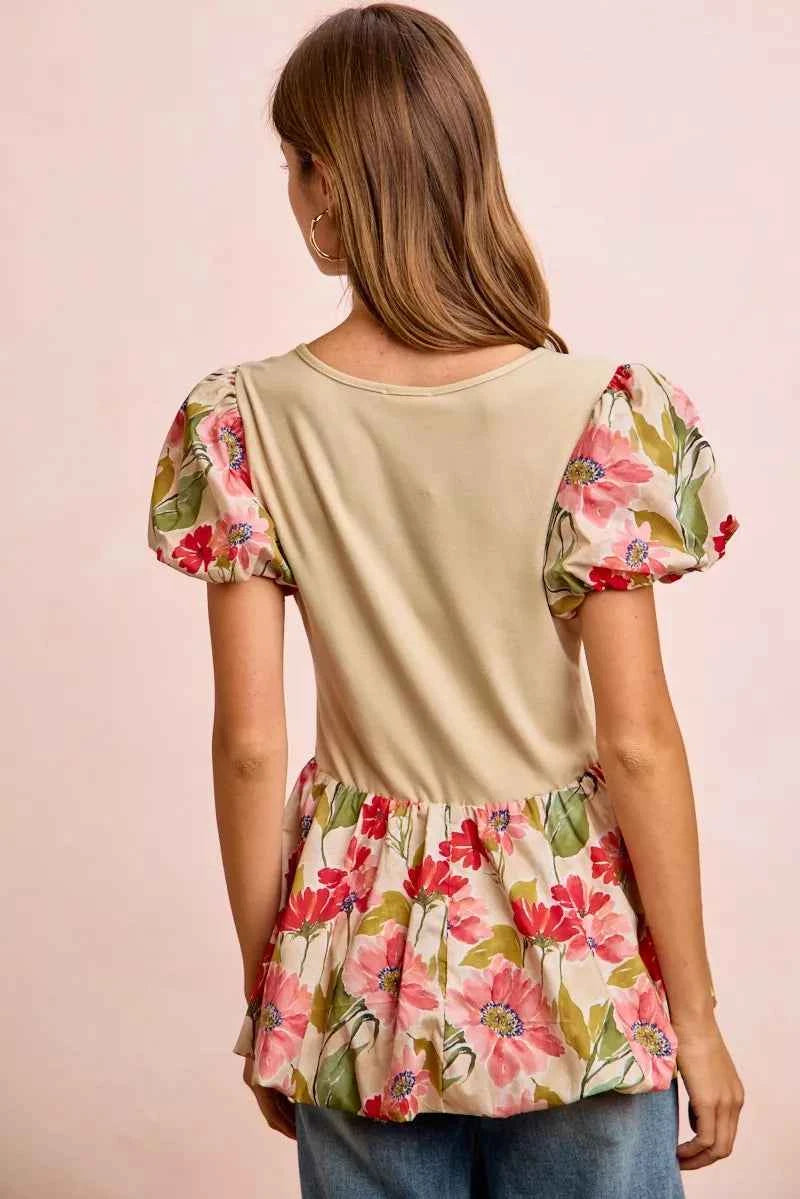 BiBi Floral Printed Bubble Sleeves and Hem Peplum Top d216fcbf2ce0442e91641bee940ba3b0-Max-Origin