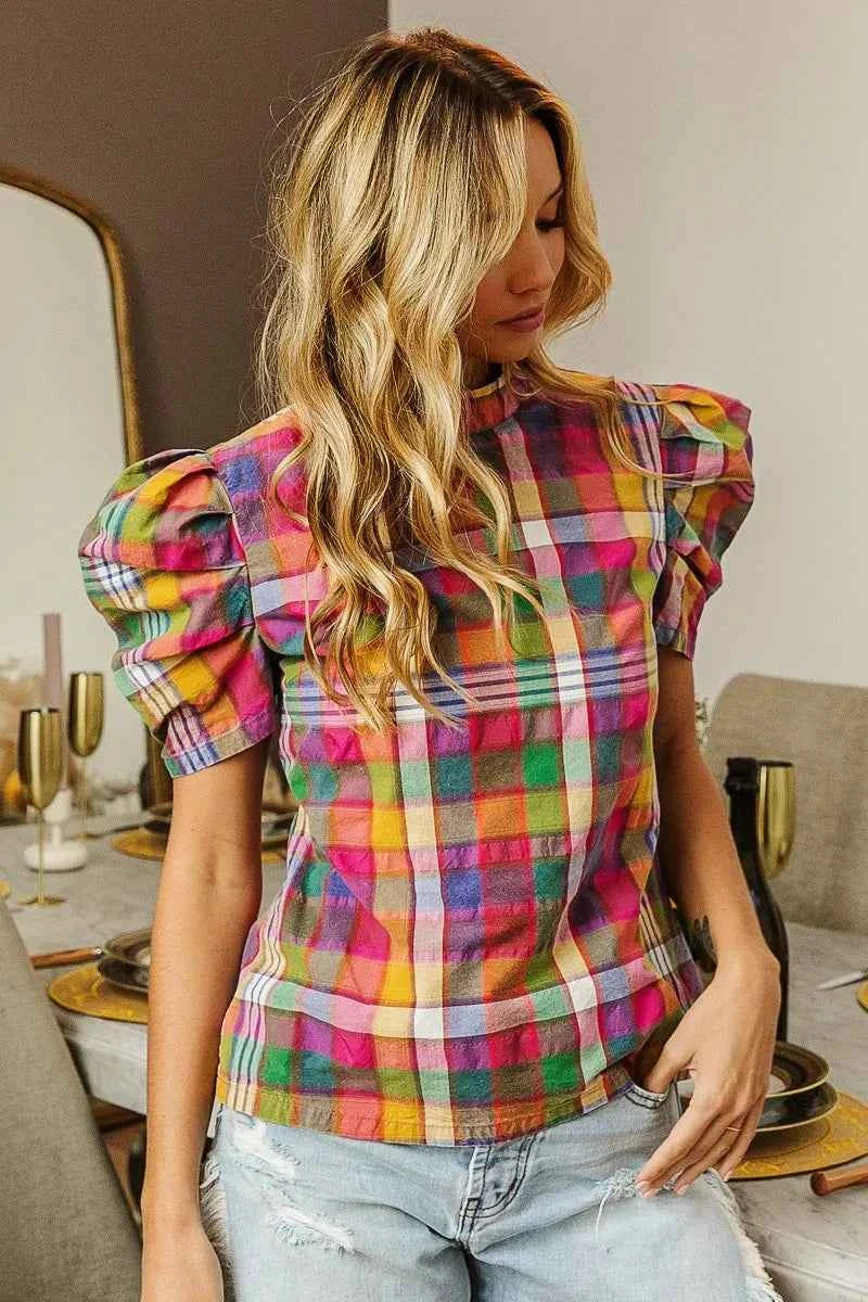 BiBi Short Puff Sleeve Washed Vintage Plaid Top d2186215bbc04135862dc5d5f4853cf8-Max-Origin