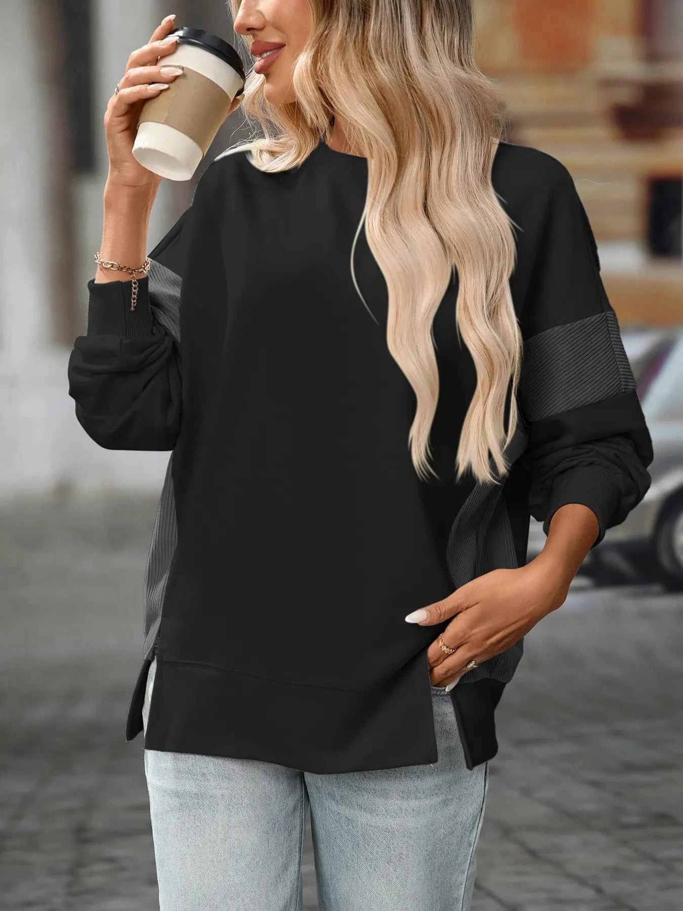 Slit Round Neck Long Sleeve Sweatshirt d2188980d1164f55888524d4247343ba-Max-Origin